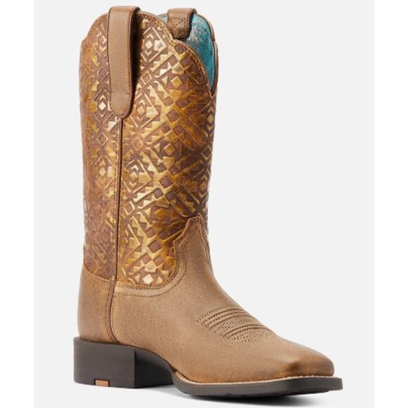 Ariat Shoes - Ariat Round Up Wide Square Toe Cowboy Boot Bare Brown Copper‎ Blanket Emboss 9B